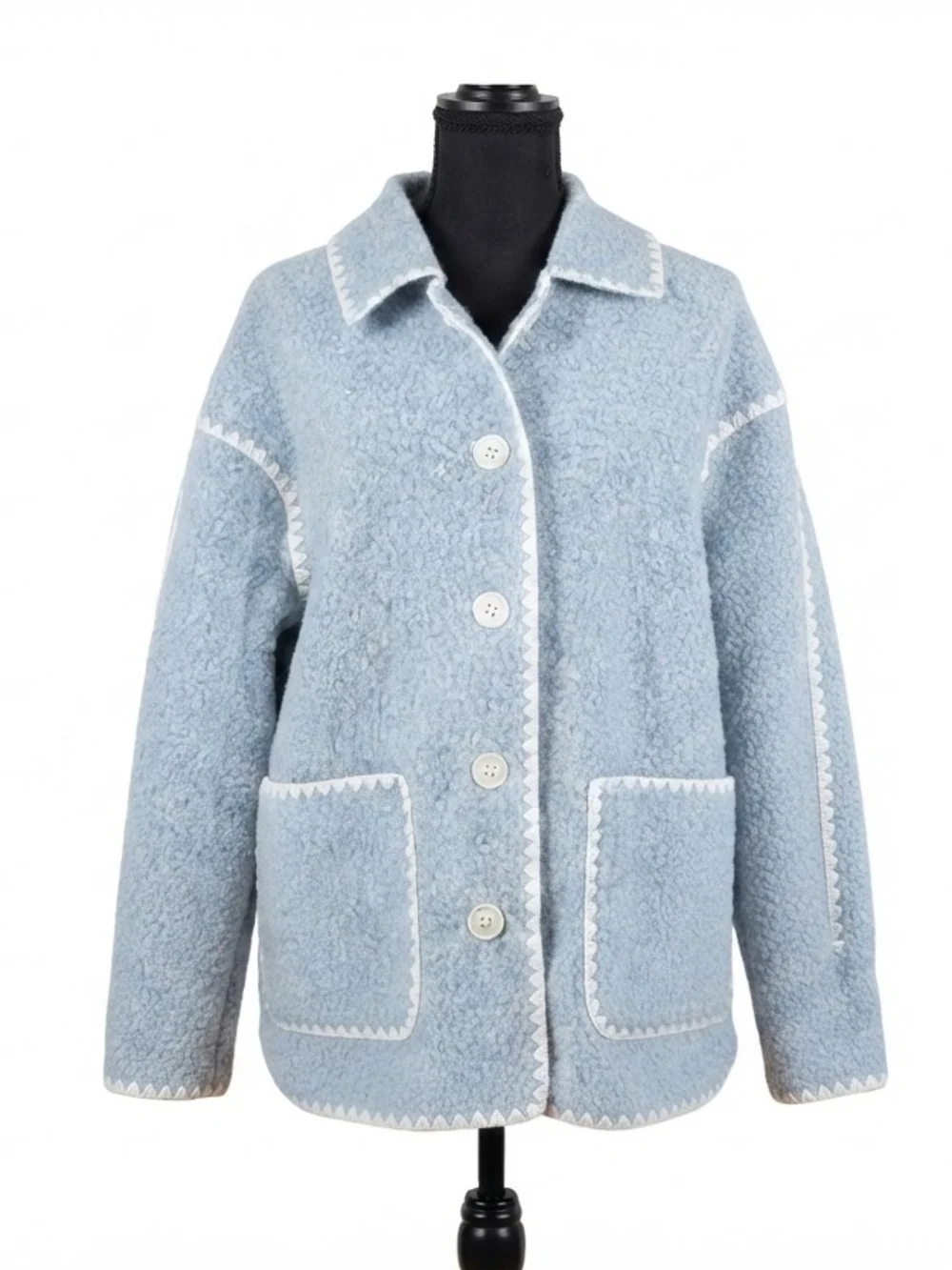 Light Blue Sherpa Pea Coat with Contrast Trim
